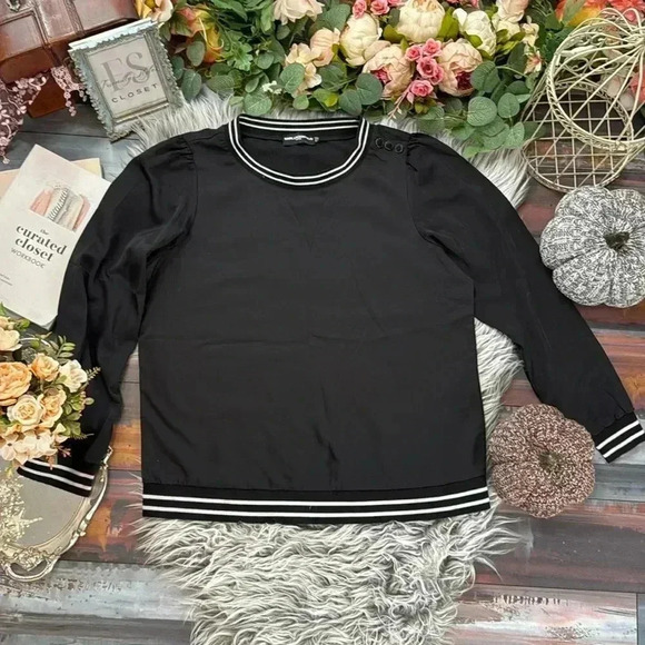 Karl Lagerfeld Black Satin Crewneck Pullover with Racer Stripe Trim, L - Picture 1 of 9